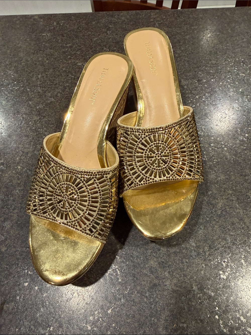 Thalia Sodi Gold Beaded Slide Mules